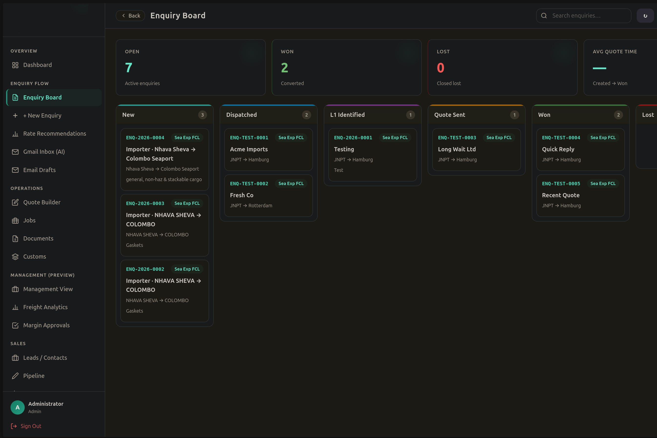 Freight CRM — Enquiry Board